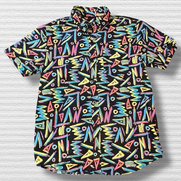 Empyre Men’s Button Up Shirt Small Black 90s 80s Neon Abstract Print Cotton - Picture 1 of 5
